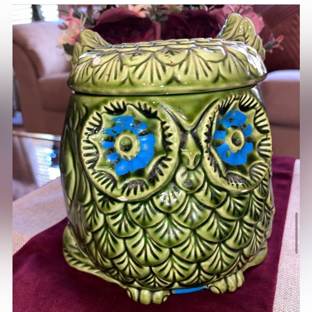 Vintage Retro Mod Green Owl Cookie Jar